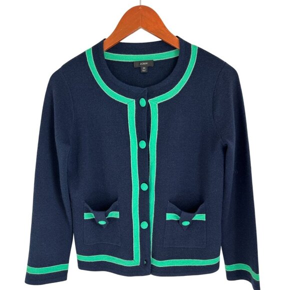 J.Crew Tipped Merino Wool Sweater-jacket Preppy Old Money Blue Green Size XSmall - Picture 2 of 9